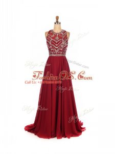 Wine Red Scoop Criss Cross Beading Evening Dress Brush Train Sleeveless