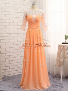 Luxurious Orange Zipper Bateau Lace and Appliques and Ruching Formal Evening Gowns Chiffon Long Sleeves