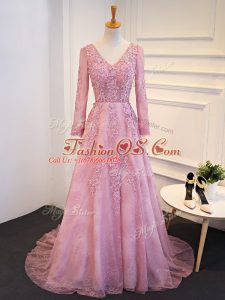 Admirable Pink Long Sleeves Tulle Brush Train Lace Up Mother Of The Bride Dress for Prom and Party and Military Ball and Sweet 16