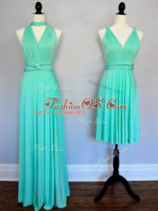 Fine Turquoise V-neck Lace Up Ruching Bridesmaid Gown Sleeveless