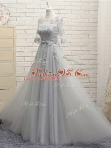 Grey Empire Appliques Court Dresses for Sweet 16 Lace Up Tulle Half Sleeves Floor Length