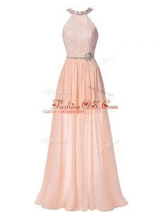 Empire Evening Gowns Peach Halter Top Chiffon Sleeveless Floor Length Backless