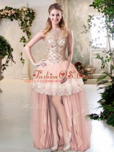 Edgy High Low Peach Military Ball Gown Tulle Sleeveless Beading and Lace and Appliques