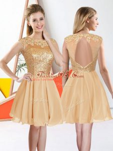 Champagne A-line Bateau Sleeveless Chiffon Knee Length Backless Beading and Lace Vestidos de Damas