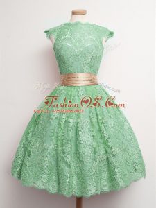 Green Ball Gowns High-neck Cap Sleeves Lace Knee Length Lace Up Belt Quinceanera Court Dresses