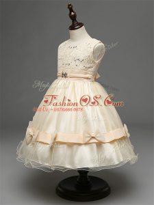 Discount Champagne Ball Gowns Lace and Bowknot Little Girl Pageant Dress Zipper Tulle Sleeveless Knee Length