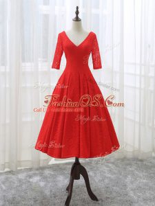 Fabulous Red A-line V-neck Half Sleeves Lace Tea Length Lace Up Lace and Appliques Evening Dress