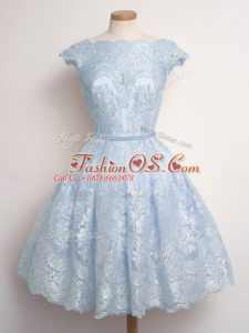 Light Blue Scalloped Neckline Lace Bridesmaid Dress Cap Sleeves Lace Up