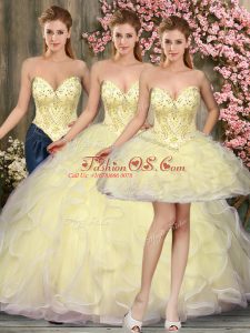 Sleeveless Tulle Floor Length Lace Up Vestidos de Quinceanera in Light Yellow with Beading and Ruffles