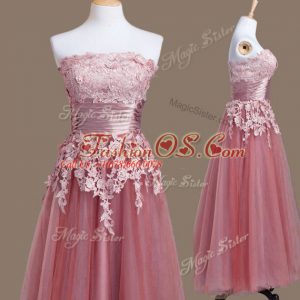 Custom Made Tea Length Empire Sleeveless Pink Quinceanera Court Dresses Lace Up