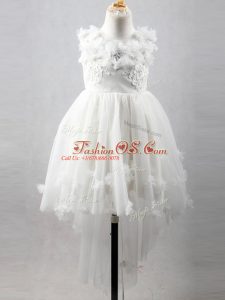 Customized Scoop Sleeveless Tulle Little Girl Pageant Gowns Appliques Lace Up