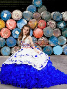 Affordable Blue And White Organza Lace Up Little Girls Pageant Gowns Sleeveless Brush Train Embroidery and Ruffled Layers