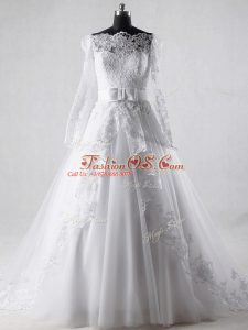 Long Sleeves Lace and Belt Zipper Wedding Dresses with White Brush Train