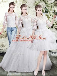 Tulle Half Sleeves Bridal Gown Brush Train and Lace and Ruffles