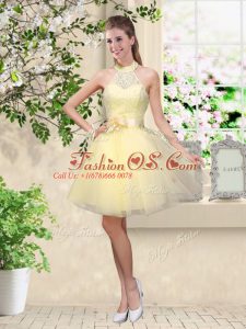 Light Yellow Sleeveless Knee Length Lace and Belt Lace Up Bridesmaid Gown