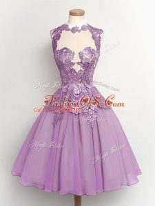 Custom Design Lilac A-line High-neck Sleeveless Chiffon Knee Length Lace Up Lace Dama Dress