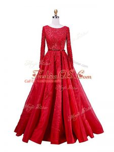 Classical Red Ball Gown Prom Dress Taffeta Brush Train Long Sleeves Beading and Lace