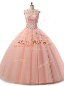 Modern Floor Length Peach Sweet 16 Quinceanera Dress Tulle Sleeveless Beading and Lace