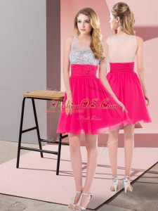 Top Selling Sleeveless Chiffon Mini Length Side Zipper Homecoming Gowns in Hot Pink with Sequins