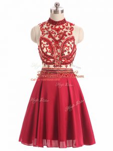 Red A-line Chiffon Halter Top Sleeveless Beading Mini Length Backless Cocktail Dresses