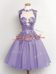 High End Sleeveless Chiffon Knee Length Lace Up Bridesmaid Gown in Lilac with Lace