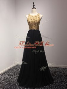 Great Black Tulle Lace Up Womens Party Dresses Sleeveless Floor Length Beading and Lace and Appliques