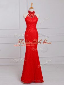 Popular Red Sleeveless Floor Length Beading and Lace Zipper Womens Evening Dresses
