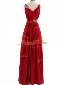 Captivating Red Empire Beading and Ruching Formal Evening Gowns Zipper Chiffon Sleeveless Floor Length