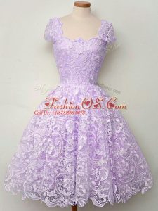 Lace Straps Cap Sleeves Lace Up Lace Bridesmaids Dress in Lavender