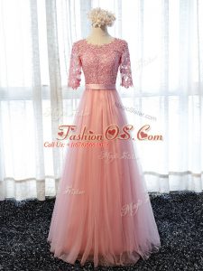 Pink Half Sleeves Floor Length Lace Lace Up Dama Dress