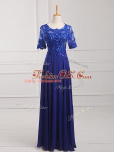 Half Sleeves Floor Length Lace and Appliques Zipper Mother Of The Bride Dress with Royal Blue