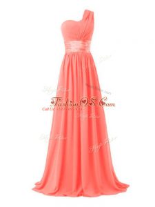 Watermelon Red Sleeveless Floor Length Ruching Lace Up Quinceanera Court Dresses
