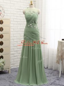Flare Chiffon Sleeveless Homecoming Dress Brush Train and Ruching and Hand Made Flower