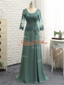 Modest Floor Length Green Mother Of The Bride Dress Chiffon Long Sleeves Lace and Appliques and Ruching