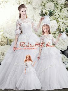 Perfect White Lace Up Sweet 16 Dresses Lace and Ruffles Half Sleeves Sweep Train
