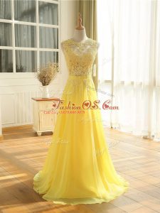 Wonderful Yellow Zipper Evening Outfits Lace and Appliques Sleeveless Floor Length