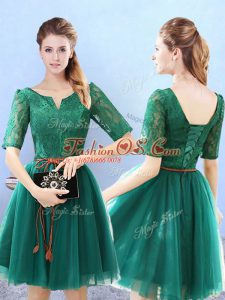 Hot Sale Green Half Sleeves Lace Knee Length Court Dresses for Sweet 16