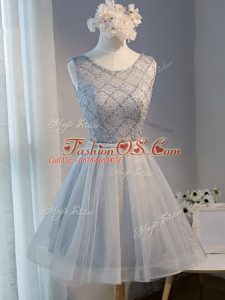 Elegant Grey A-line Scoop Sleeveless Tulle Mini Length Lace Up Beading Evening Dress