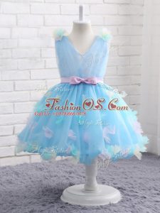 Sleeveless Knee Length Appliques and Hand Made Flower Zipper Pageant Gowns For Girls with Baby Blue