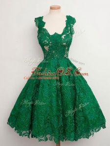 Dazzling Straps Sleeveless Quinceanera Dama Dress Knee Length Lace Green Lace