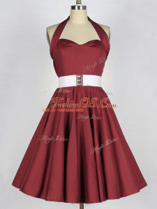 Delicate Burgundy Taffeta Lace Up Quinceanera Dama Dress Sleeveless Knee Length Belt