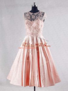 Super Scoop Sleeveless Knee Length Beading and Appliques Pink Taffeta