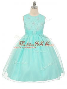 Scoop Sleeveless Little Girl Pageant Dress Knee Length Beading Apple Green Tulle
