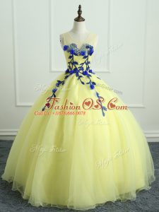 On Sale Floor Length Ball Gowns Sleeveless Light Yellow 15th Birthday Dress Lace Up