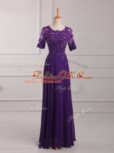 Purple Mother Of The Bride Dress Prom and Military Ball with Lace and Appliques Scoop Half Sleeves Zipper