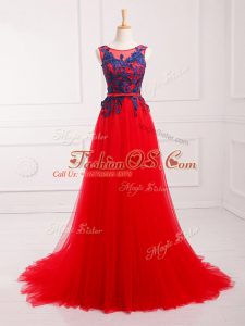 Brush Train Empire Party Dress Wholesale Red Scoop Tulle Sleeveless Lace Up