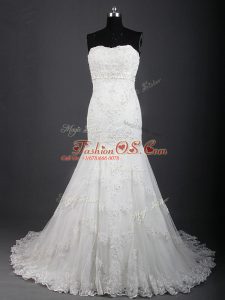White Wedding Dresses Tulle Brush Train Sleeveless Lace