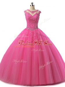 Hot Pink 15th Birthday Dress Military Ball and Sweet 16 and Quinceanera with Beading and Lace Scoop Sleeveless Lace Up