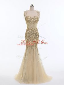 Champagne Scoop Zipper Beading Evening Gowns Brush Train Sleeveless