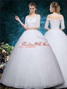 Floor Length White Wedding Dress Scalloped Half Sleeves Lace Up